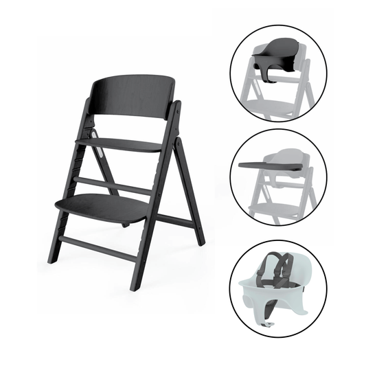 כיסא לתינוק Click & Fold 3-in-1 עם מגש, מושב תינוק ורתמת רצועות עץ טבעי בצבע שחור